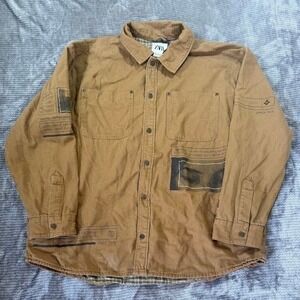 Zara Men XL Tan Canvas Graphic Workwear Chore Plaid Lined Button Down Jacket
